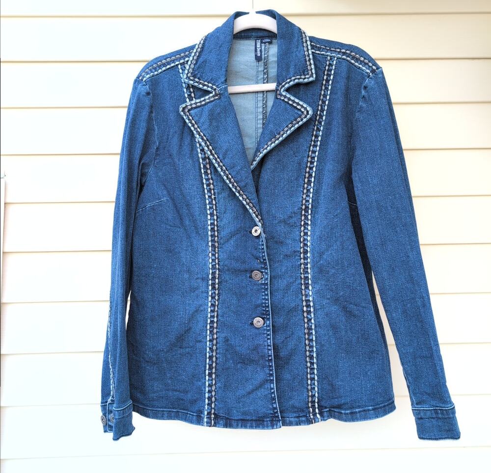 Zenim Denim Coastal Cowgirl Festival Boho Fitted Button Up Jacket Women's Large